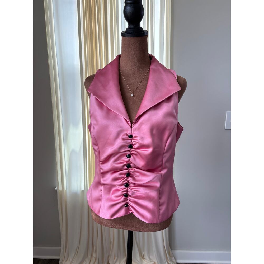 90s Vintage Dressbarn Top 10 Pink Satin Ruched Vest Button Office Siren Glam Y2K - Picture 14 of 15